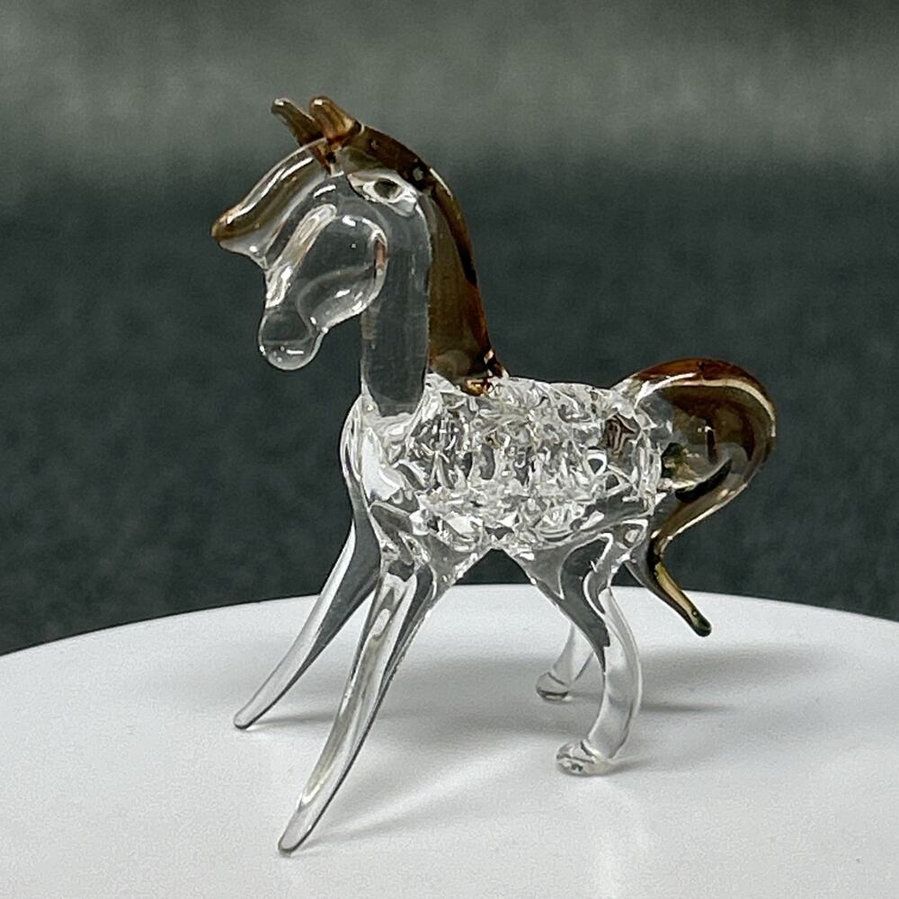 Mini Glass Horse Brown Clear 2" Hand Blown Art Glass Figurine Animal